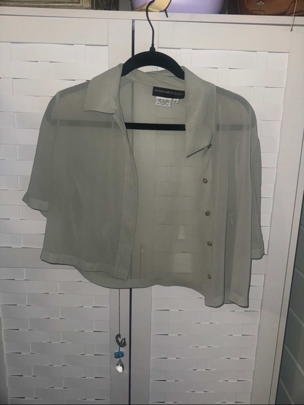 BCBGMaxAzria Sheer Short-Sleeve Button-Up Cropped Blouse in Sage Green